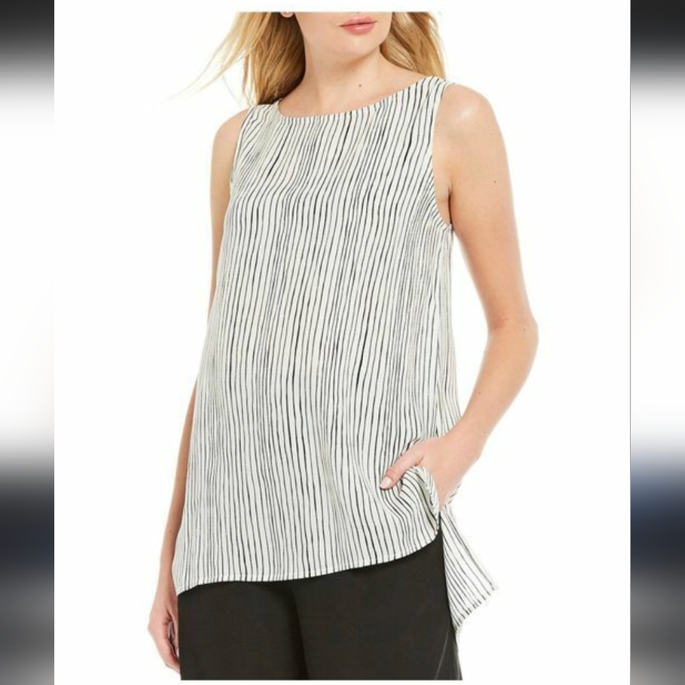 Eileen Fisher Printed Silk Black and White Striped Women's Top